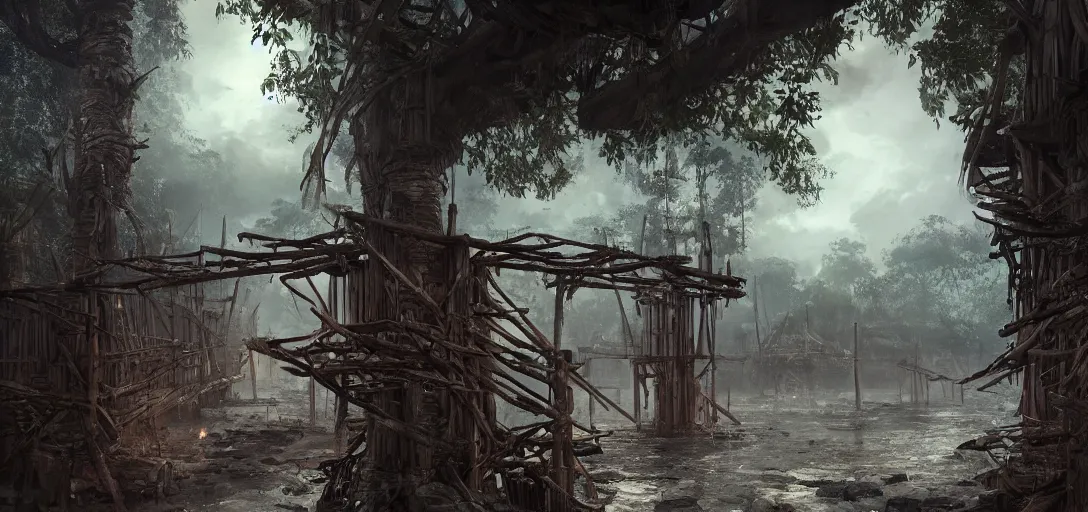 Image similar to wooden palisade wall on a tropical island kit by torches in a Storm night, intricate Details, raphael lacoste, eddie mendoza, alex ross, concept art, matte painting, highly detailed, rule of thirds, dynamic lighting, cinematic, detailed, denoised, centerd, clean render