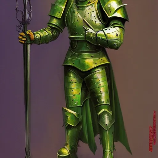 Prompt: A green knight, armed with futuristic medieval weaponry, matte painting by gerald brom trending on artstation