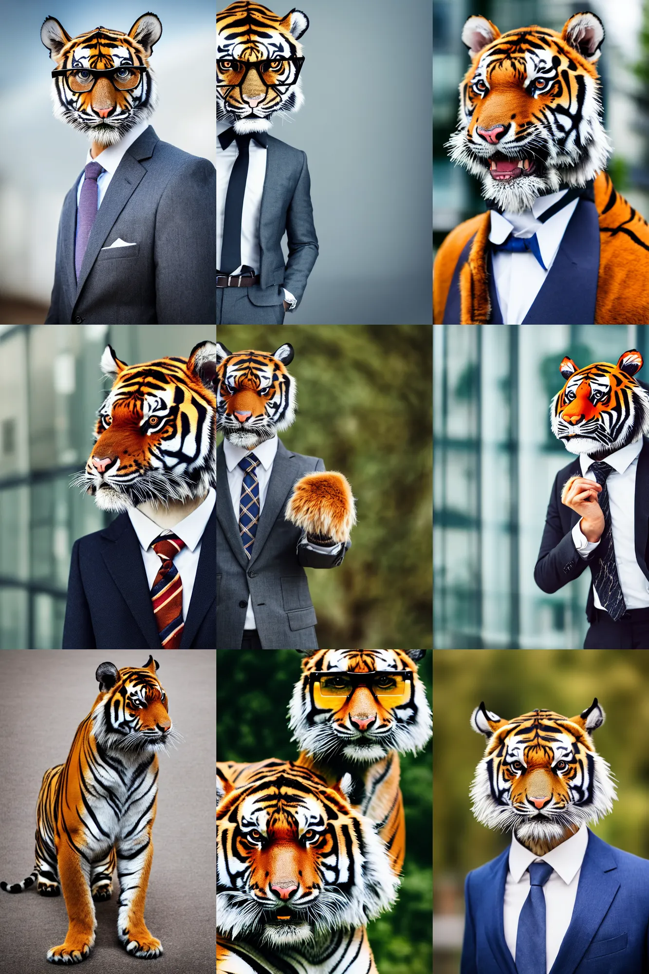 Prompt: high quality portrait photo of a tiger dressed in a business suit and tie, !!wearing stylish spectacles!!, !Anthropomorphic!, photography 4k, f1.8 bokeh, 4k, 85mm lens, sharp eyes, looking at camera
