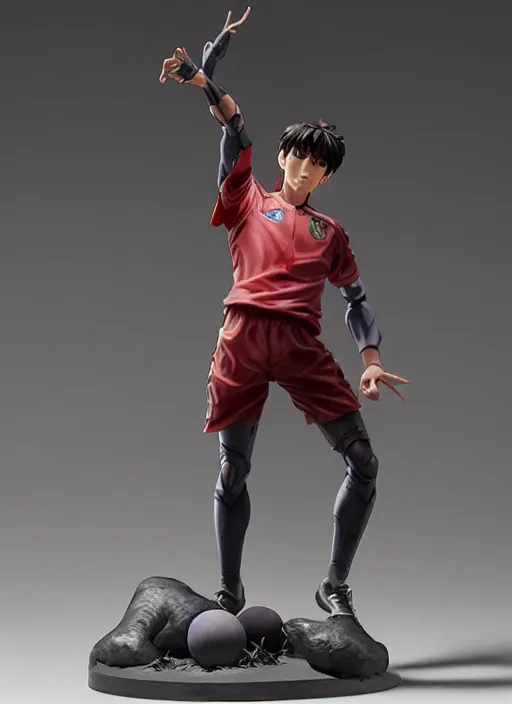 Image similar to captain tsubasa anime figurine, art by gerald brom, greg rutkowski and artgerm and james jean and zdzisław beksinski, unreal engine, studio lighting