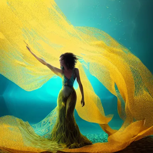 Prompt: woman dancing underwater wearing a long flowing dress made of many translucent layers of gold and blue lace seaweed, bolts of bright yellow fish, delicate coral sea bottom, swirling silver fish, swirling smoke shapes, octane render, caustics lighting from above, cinematic, hyperdetailed