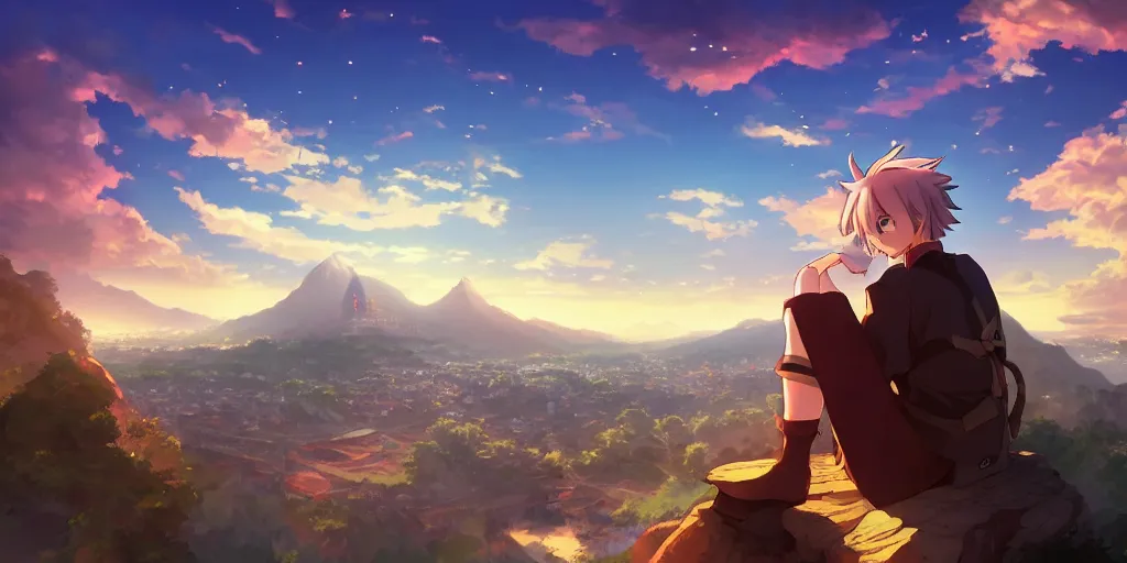 Prompt: isekai masterpiece anime boy sitting on a rock off to the side looking down upon fantasy floating sky town, during dawn, cinematic, very warm colors, intense shadows, anime illustration, anime screenshot composite background