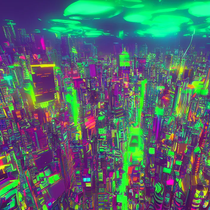 Image similar to wide ((wide)) photo of surreal city sky line (((dynamic neon lighting)) in chromatic dmt trippy style of fear and loathing unreal engine 50mm photorealistic