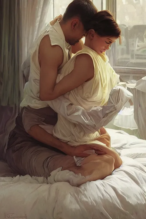 Image similar to portrait of a man in dhl uniform hugging his wife in a bed, feelings, romantic, fantasy, intricate, elegant, highly detailed, digital painting, artstation, concept art, smooth, sharp focus, illustration, art by artgerm and greg rutkowski and alphonse mucha