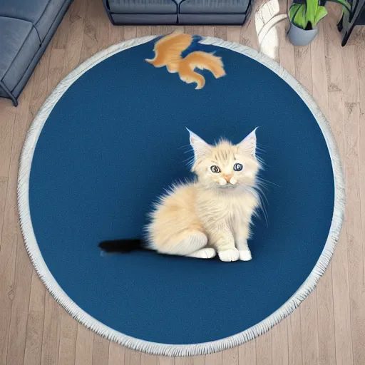 Image similar to a playful cream colored maine coon kitten is alone in a dark and dusty parlor. it plays with cat toys on a colorful round throw rug. 8 k, 4 k, digital art, artstation