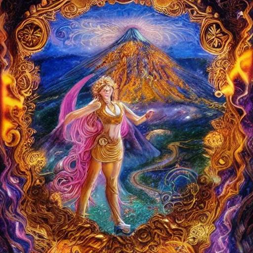 Image similar to goddess by josephine wall, goddess riding ram, flying ram, golden ram, goddess checking her phone, erupting volcano in distance, flowers in foreground, sun setting on right side of image, stars in sky on left side of image, trending on artstation, fantasy, intricately detailed