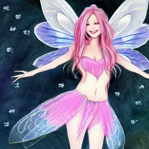 Image similar to very very very beautiful fairy princess with fairy wings, bare midriff, one foot raised off the ground, full body portrait, eye contact, smiling, flirty, perfect face, perfect body, drawn by keith garvey