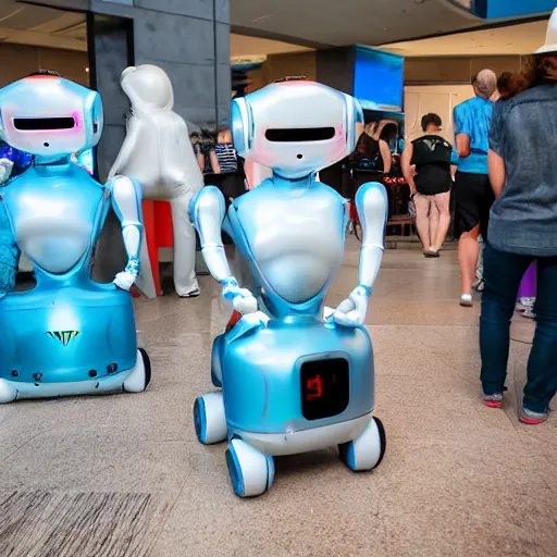 Prompt: LAS VEGAS, NV JUNE 7 2024: Some of the most helpful happy self-aware robots to emerge from the future-portal.