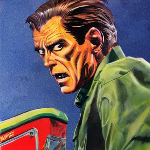 Image similar to detailed details photorealistic pictures of comic book cover about mr trash man in the style of bob peak and alex ross, gouache and wash paints color, detailed proportionate.