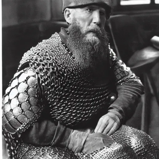 Prompt: a man wearing full chainmail, sitting in waitin room, film still