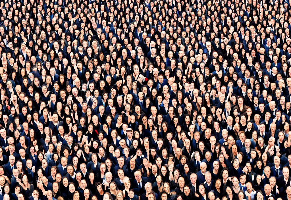 Image similar to 7billion human and each of them with unique face looking at 45 degree angle and waving hands