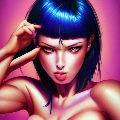 Prompt: electric woman, cute - fine - face, pretty face, oil slick hair, realistic shaded perfect face, extremely fine details, realistic shaded lighting, dynamic background, by katsuhiro otomo, artgerm
