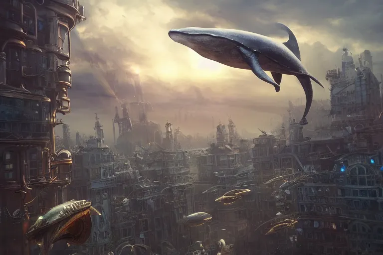 Prompt: alien whale flying over a steampunk city, 3d scene, render, ultra realistic, zenith view, Greg Rutkowski, artstation, cgsociety, level design, unreal engine alien whale flying over a steampunk city, 3d scene, render, ultra realistic, zenith view, Enki Bilal style