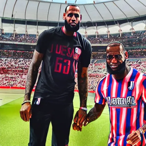 Image similar to lebron james wearing atletico de madrid soccer shirt