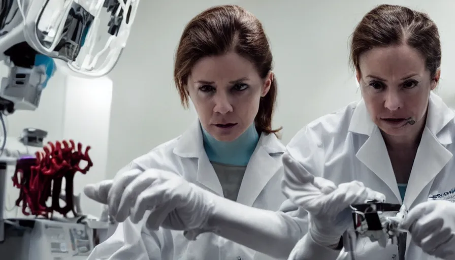 Prompt: big budget horror movie about cyborgs performing illegal organ transplants while a beautiful female scientist watches in horror