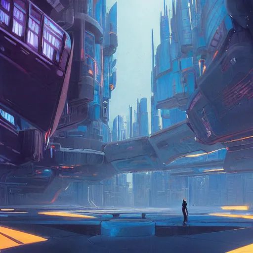 Image similar to derelict portal in a middle of a futuristic cityscape, world seen only through a portal, daylight, cinematic perspective, cinematic lighting, blue sky, syd mead, john harris
