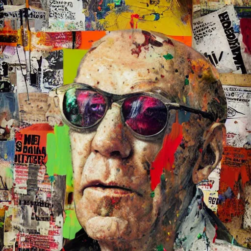 Image similar to hyperrealistic, photorealistic, mixed media oil painting of hunter s thompson, magazine scraps, plaster, blood, oil, mustard, splatter, greg rutkowski, basquiat, ralph steadman, wesley kimler, terry gilliam, andy warhol, dali