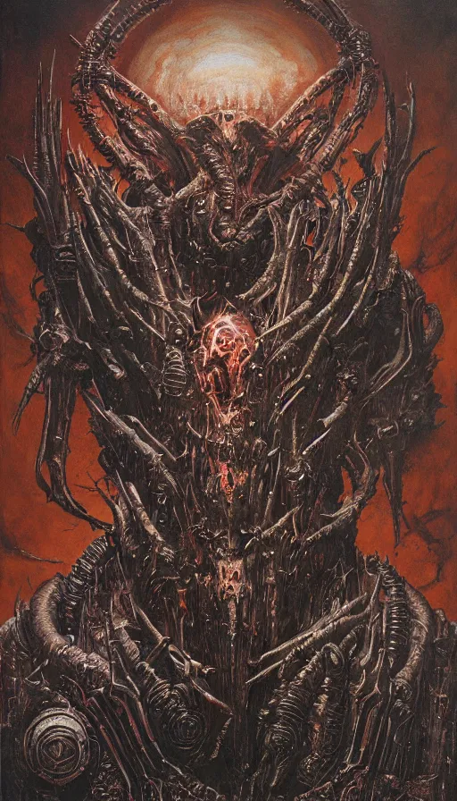 Image similar to Doom themed painting of symmetrical torso demonic hell armor with extended evil armored hands concept, intricate artwork by H.R. Giger, Johnatan Wayshak, Zdizslaw Beksinski, Ayami Kojima, Amano, Karol Bak, Moebius, and Mark Brooks, Neo-Gothic, gothic, rich deep colors, art by Takato Yamamoto, masterpiece, face by Artgerm, very coherent artwork, cinematic, hyper realism, high detail, octane render, unreal engine, 8k, High contrast, golden ratio, trending on cgsociety