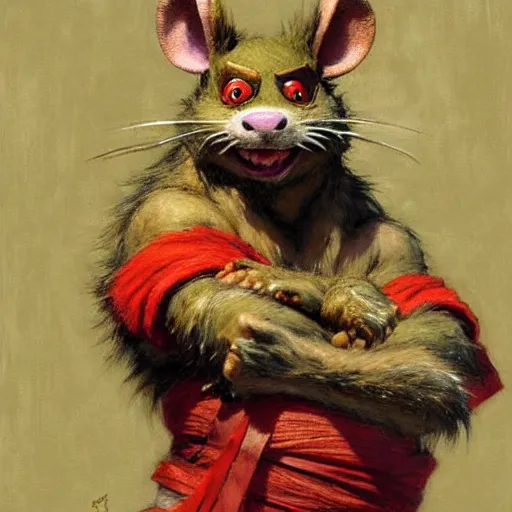 Image similar to a portrait of a furry splinter the rat from ninja turtles wearing a red kimono, hairy, furry body, furry arms, feet, tail. highly detailed painting by gaston bussiere, craig mullins, j. c. leyendecker, furry