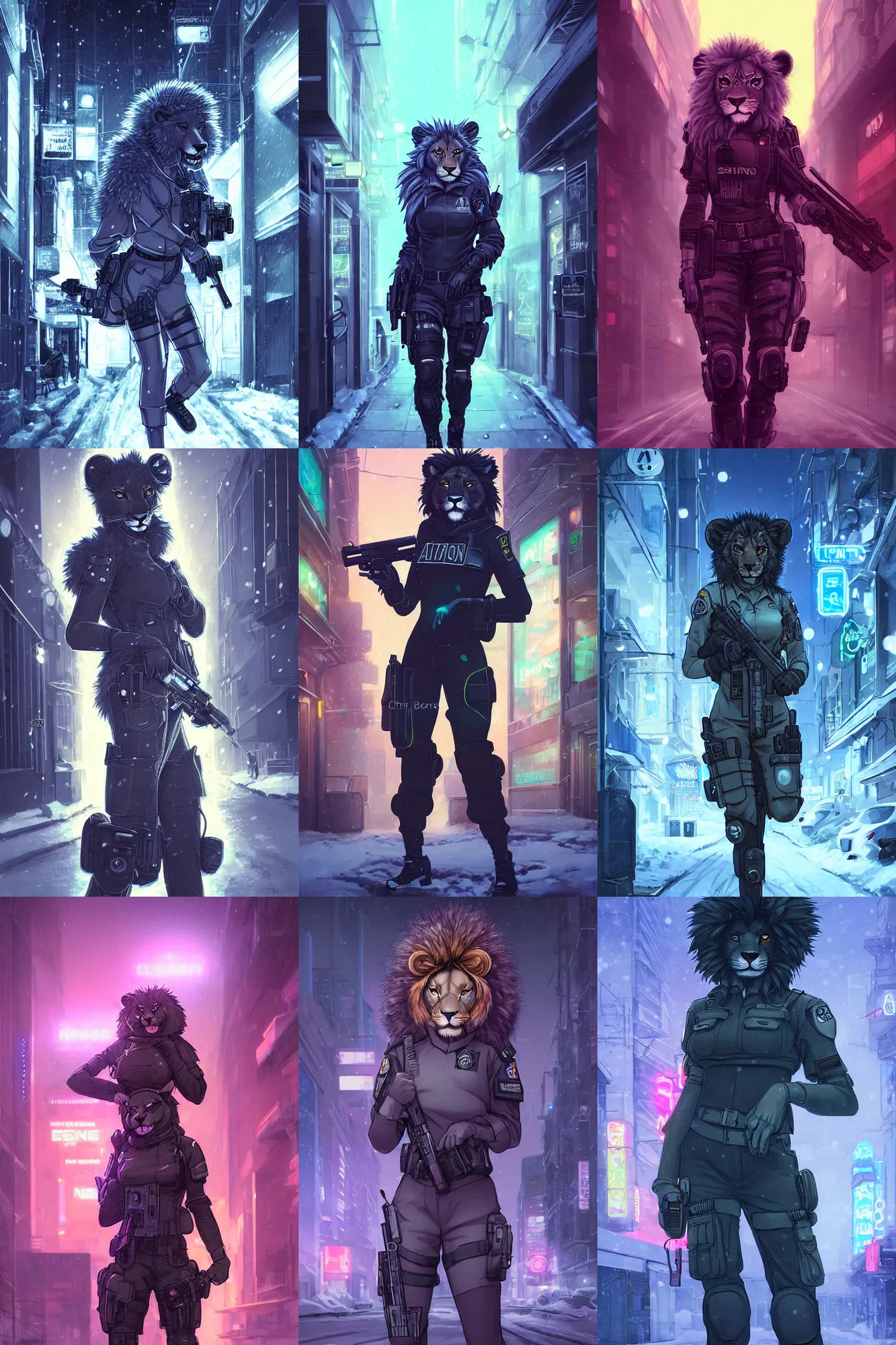 Prompt: beautiful furry art portrait commission of a female furry anthro lion fursona wearing a tactical swat uniform in the streets of a cyberpunk city at night in the snow. neon light. character design by charlie bowater, ross tran, artgerm, and makoto shinkai, detailed, inked, western comic book art