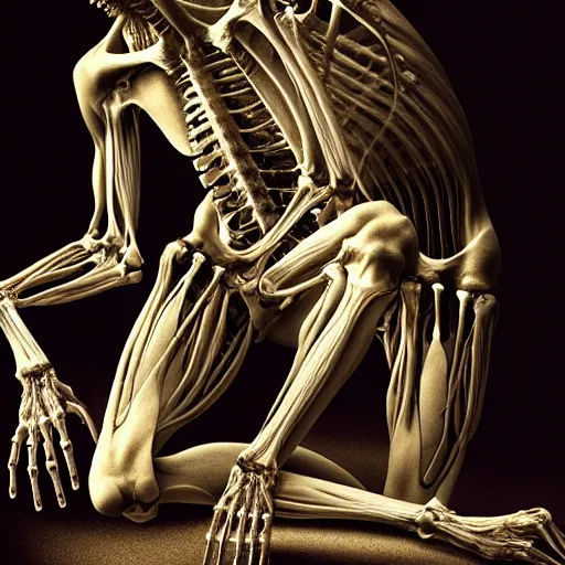 Image similar to Human with transparent skin, muscle, human bones and spine and nerves, beautiful detailed intricate insanely detailed octane render, 8K artistic photography, photorealistic, chiaroscuro, by David Cronenberg, Raphael, Caravaggio