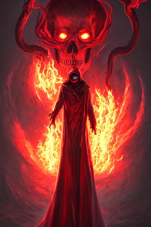 Image similar to A full body portrait of a mysterious character with a flaming skull with a very long hooded blood red and black cloak, tentacles coming out the ground art by James Paick, and Shaddy Safadi, ominous, cosmic horror, trending on artstation, Ultra detailed, hyper realistic 4k