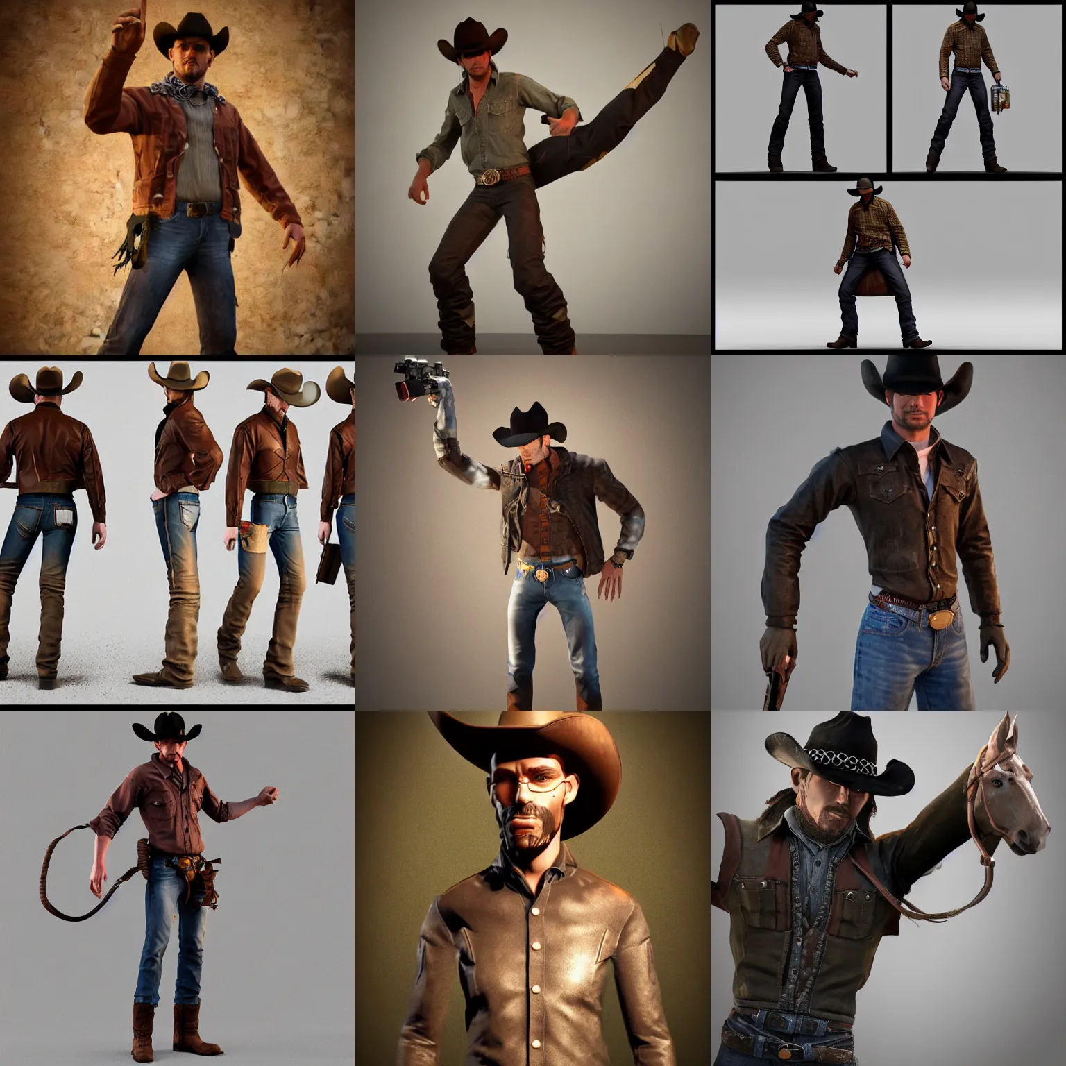 Prompt: 3 d render of a cool cowboy, artstation, unreal engine 5, dynamic pose, official art, high resolution, highly detailed, deviantart hd, daz 3 d, concept art