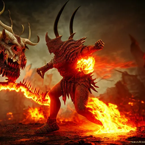 Image similar to Warrior Fighting Demon in Hell ultra detailed, insane detailes, hyper realistic, 8k, photo realistic, volumetric lighting, unreal engine, octane render