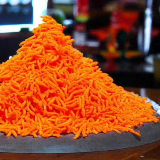 Image similar to a flaming hot cheetos cheese volcano