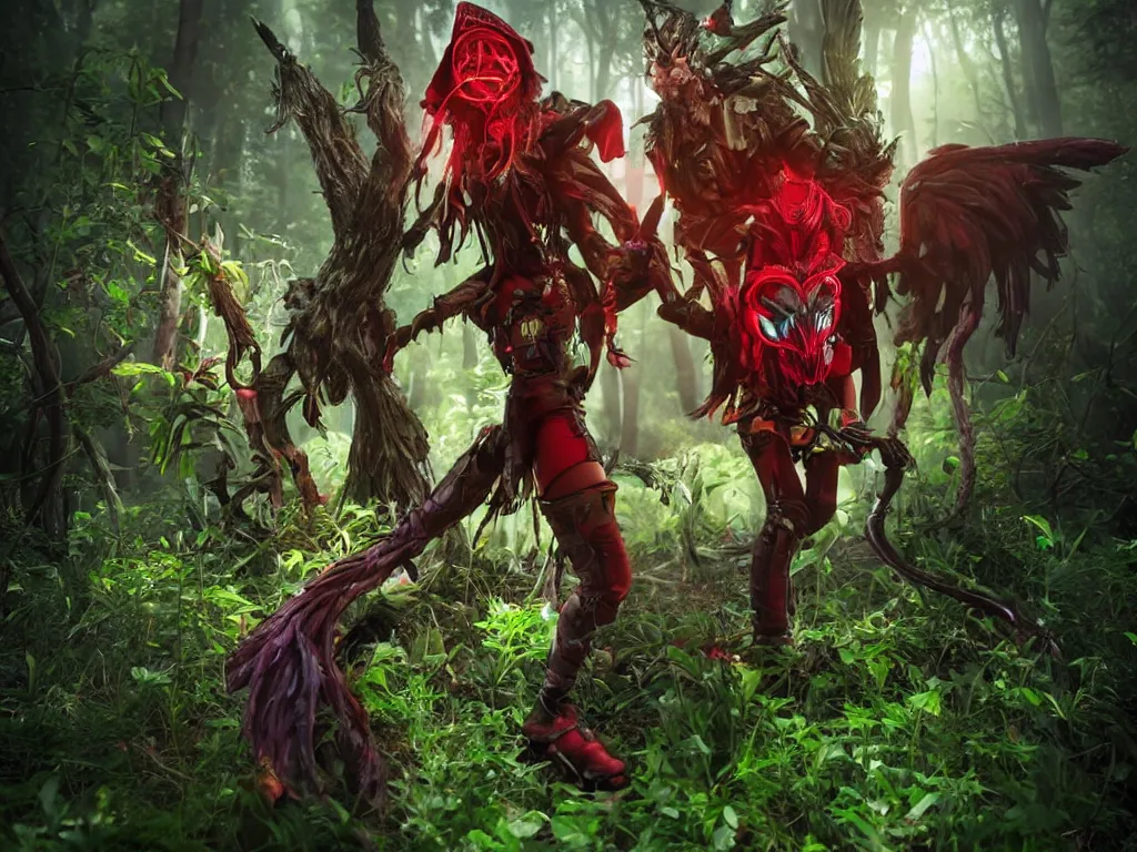 Image similar to mystical monsters in forest hunting on gamekeeper - red ridding hood. she wearing a steampunk and neonpunk mechanical fluorescent mystical animal masks. realistic fornite style. full body. product introduction photos. luminescent, elements, hyperrealistic, volumetric lighting. epic cinematic shot, perfectly defined features, ambient occlusion