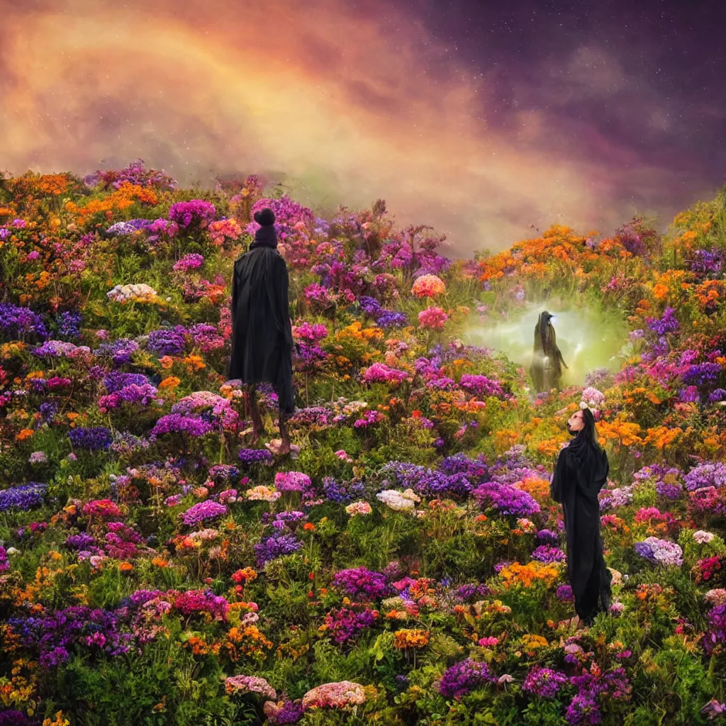 Image similar to a planet of various flowers, fungus and plants, in which the human figure is dressed in something magical and impressive, inside the picture is infinity, sunset light, Atmospheric phenomenon, artistic photography, muted colors, conceptual, long exposure outside the city