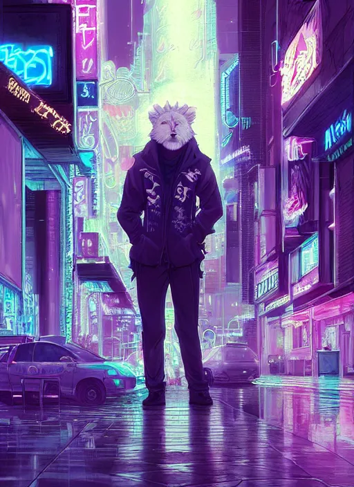 Image similar to beautiful portrait commission of a albino male furry anthro lion wearing a tiger striped jacket. vaporwave city at night in the rain. Neon light. Atmospheric. Character design by charlie bowater, ross tran, artgerm, and makoto shinkai, detailed, inked, western comic book art