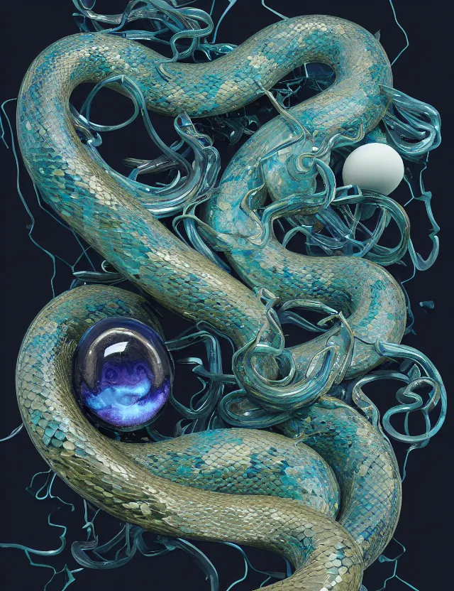 Image similar to a photo of a sculpture of a snake made from blue and emerald and amethyst crystal geode formations encircling a marble egg on a base of obsidian made with liquid gold tendrils flowing by ellen jewett by stanisław szukalski, octane render, recursive, tendrils, elestial crystals, geode, refracted light