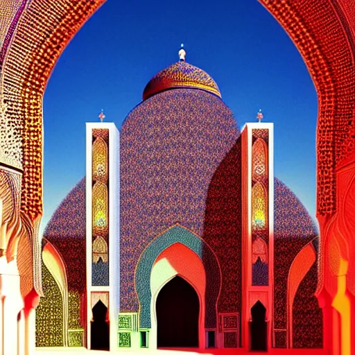 Prompt: cosmic cathedral created by the gods, large ( ( ( ( muqarnas ) ) ) ) beautiful moroccan colors, bold architecture, detailed, 4 k