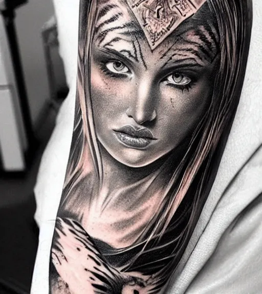 Image similar to tattoo design of a beautiful girl warrior under a tiger head, hyper realistic, realism tattoo, by eliot kohek, beautiful eyes, realistic face, black and white, white background