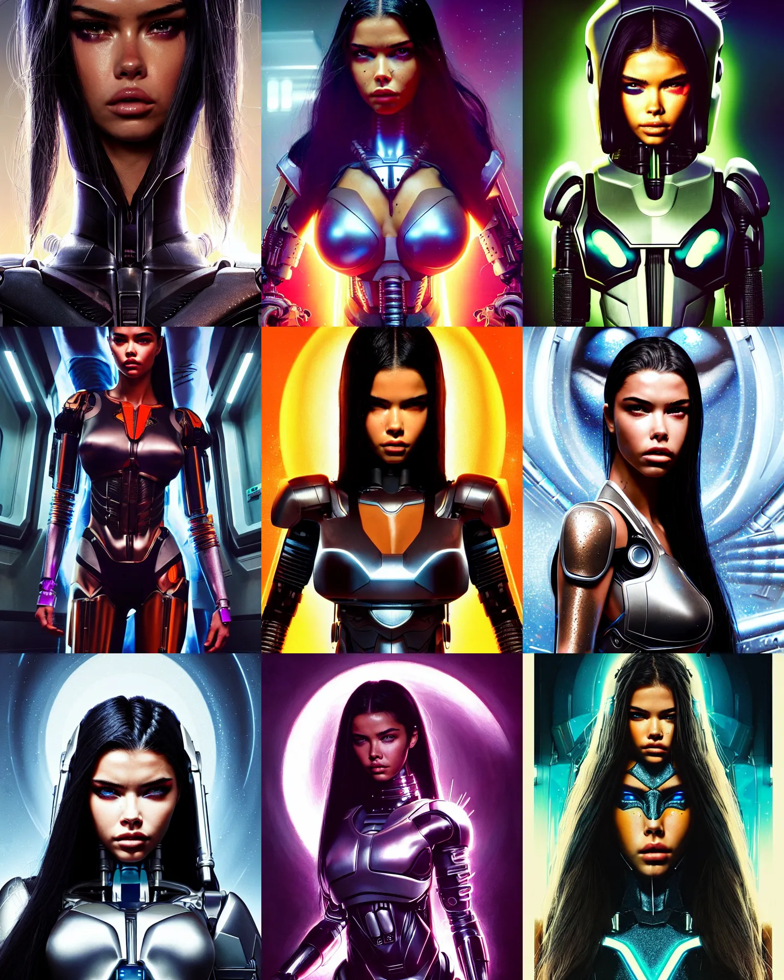 Prompt: sci - fi movie poster portrait photo of madison beer, adriana lima : : as fun cyborg woman by weta, marvel : : by greg rutkowski, wlop, ilya kuvshinov, rossdraws, artgerm, leeloo, rave makeup, unreal engine, sweaty, glitter, pearlescent, morning, disney, : :