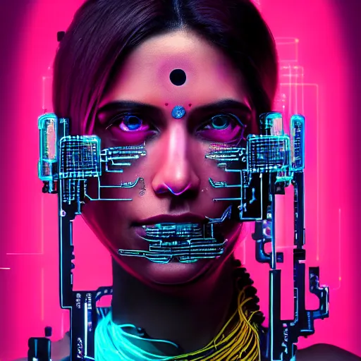 Image similar to portrait of a indian woman with pink hair as a cyberpunk cyborg half robot, revealing wires and electronics, circuit boards, wire management, sci - fi, missing panels, intricate abstract upper body intricate artwork, concept art, octane render, deviantart, cinematic, key art, hyperrealism, iridescent accents, portrait photograph, nikon 3 5 mm, photograph by greg rutkowski