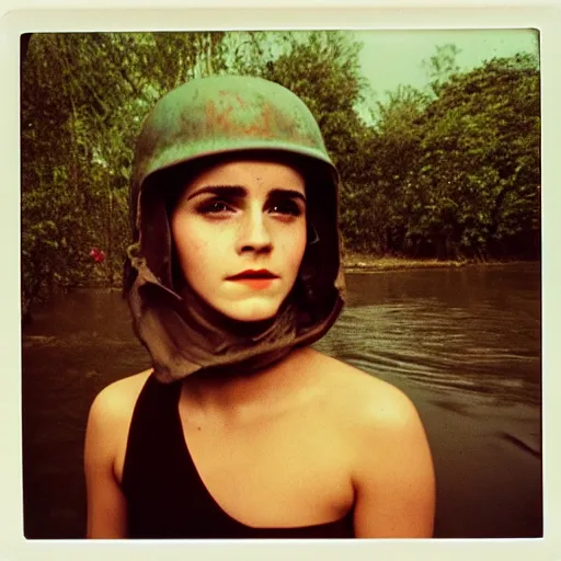 Prompt: film still, close up, emma watson rising out of muddy vietnam river, face covered in mud, combat helmet, low camera angle at water level, night time, film still from apocalypse now ( 1 9 7 9 ), 2 6 mm polaroid polaroid polaroid polaroid polaroid expired expired expired,