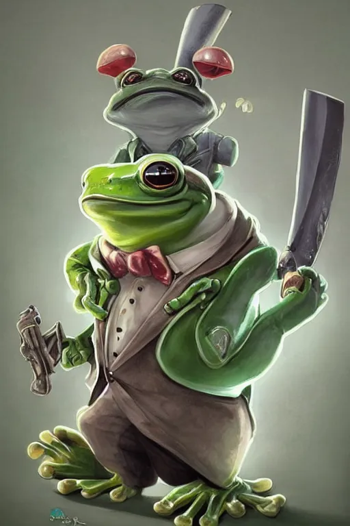 Image similar to cute anthropomorphic frog wearing a fancy suit , tuxedo and holding a chainsaw ,tiny, small, miniature frog, baby animal, short, pale blue armor, cute and adorable, pretty, beautiful, DnD character art portrait, matte fantasy painting, cgsociety Artstation, by Jason Felix by Steve Argyle by Tyler Jacobson by Peter Mohrbacher, cinematic lighting