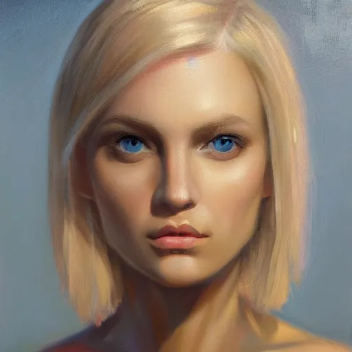 Prompt: a symmetrical portrait of a blonde woman with strong manly facial features, oil painting, pale colors, high detail, 8 k, wide angle, trending on artstation,