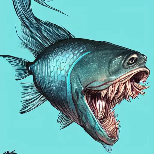 Prompt: an ugly fish eating an ugly fish, illustration, cartoon, ultra detailed, in the style of artgerm, trending on artstation
