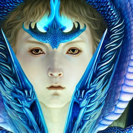 Image similar to closeup of a medieval fantasy blue dragon with electrcity magic, fantasy, d & d, high details, art by ( ( ( kuvshinov ilya ) ) ) and wayne barlowe and gustav klimt and artgerm and wlop and william - adolphe bouguereau