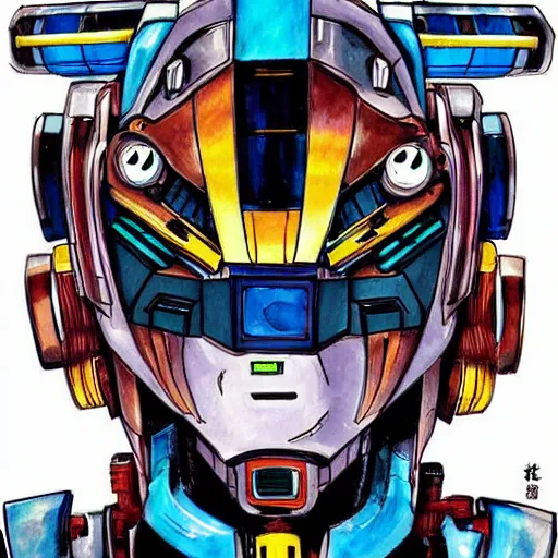 Image similar to robotic face, mecha face, anime style, akira style, watercolors, black and blue colors