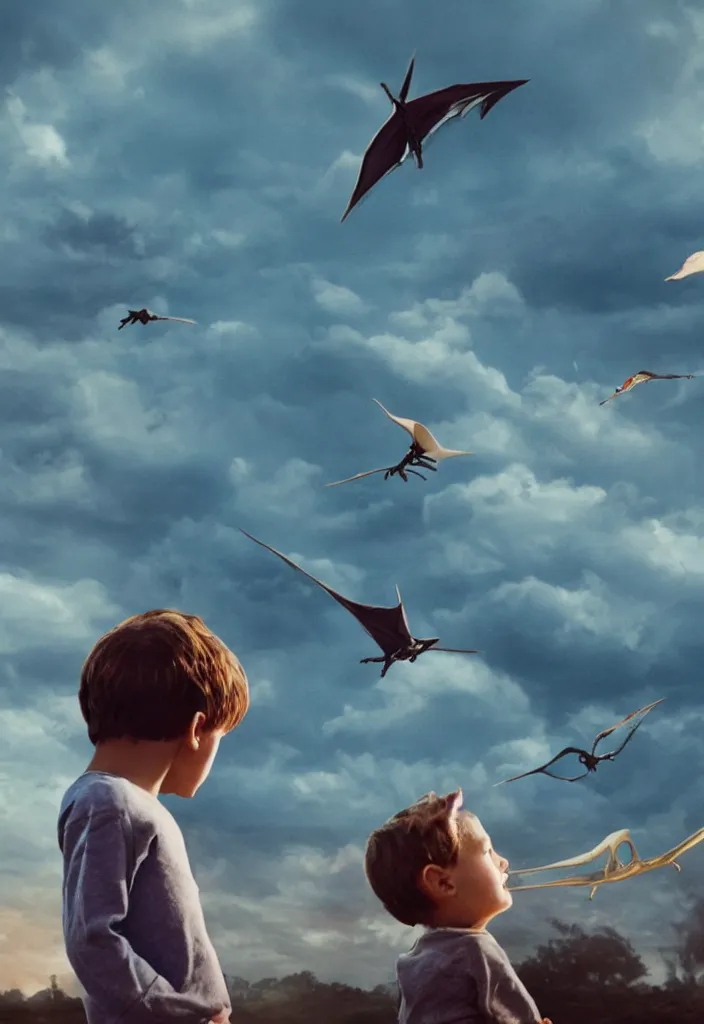 Image similar to a child looking at a pterodactyle flying in the sky in the style of a movie poster, realistic, super detailed, cinematographic, epic lighting