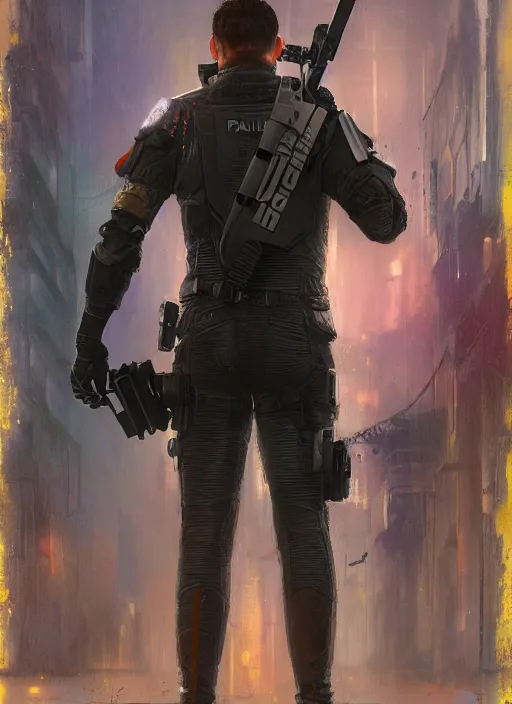 Prompt: paul blart. cyberpunk assassin in tactical gear. blade runner 2 0 4 9 concept painting. epic painting by craig mullins and alphonso mucha. artstationhq. painting with vivid color. ( rb 6 s, cyberpunk 2 0 7 7, matrix )