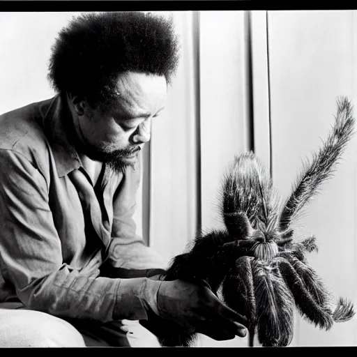 Prompt: charles mingus sniffing a big hairy tarantula, professional photograph, 4 k