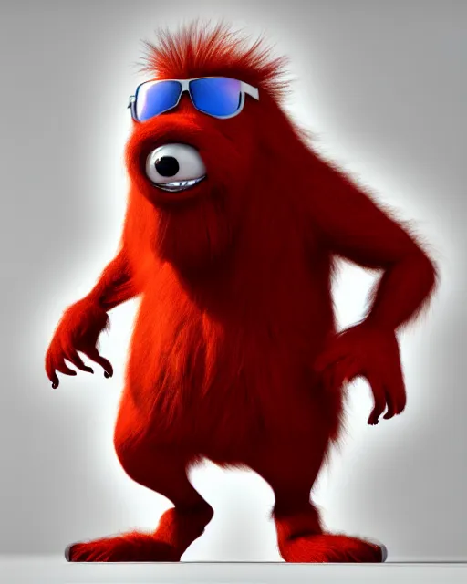 Image similar to 3 d render of completely red hairy friendly antropomorphic creature wearing chrome shades, without nose, full body, standing on 2 feet, in the style of pixar, white background, unreal engine 5, octane render, highly detailed hdr