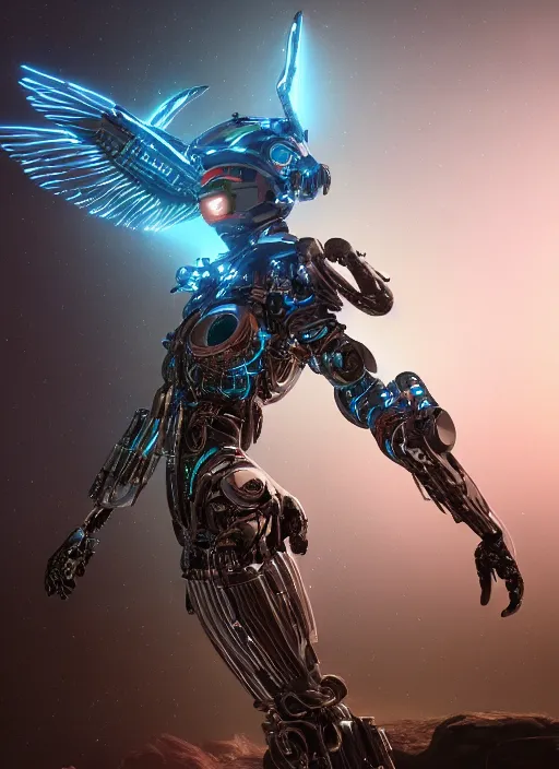 Image similar to friendly Cyborg with tehnco wings on a luminescent biome, oddities everywhere, enchanted, magical, cinematic shot, intricate, ornate, photorealistic, ultra detailed, realistic, 100mm, photography, octane, high definition, depth of field, bokeh, 8k, behance, artstation