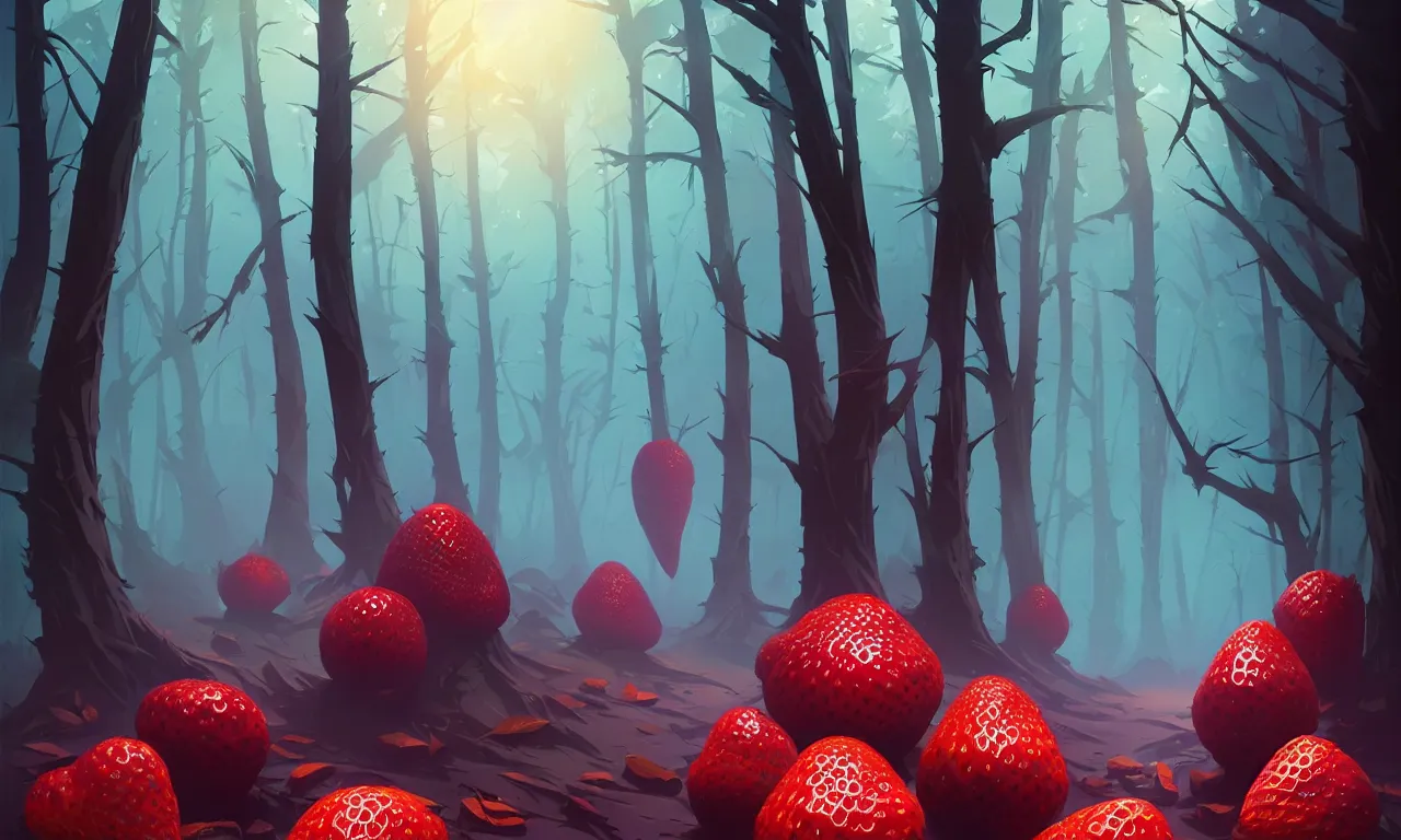 Image similar to Dark forest large strawberries, vector art, behance hd by Jesper Ejsing, by RHADS, Makoto Shinkai and Lois van baarle, ilya kuvshinov, rossdraws global illumination