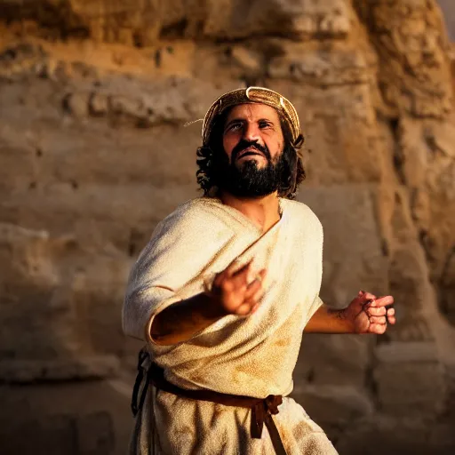 Prompt: beautiful cinematic still portrait of 37 year old Mediterranean skinned man, short hair, in ancient Canaanite clothing dancing in the early sunrise, excited, energy, vibrancy, passion, strong shadows, Biblical epic directed by Peter Jackson